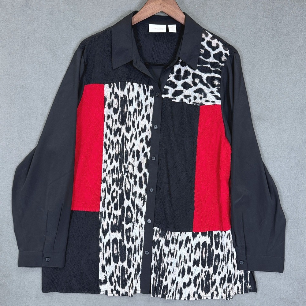 Chico's Shirt Women 3 XL Black Leopard Patchwork Red Crinkle Long Sleeve